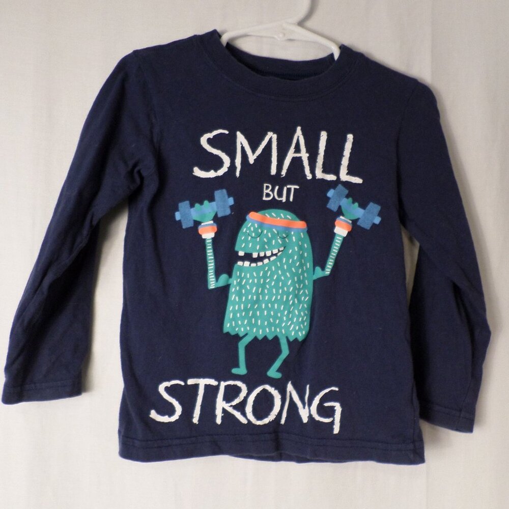 Carters Boys Youth Long Sleeve Navy Blue 'Small But Strong' Monster Tee Sz 2T